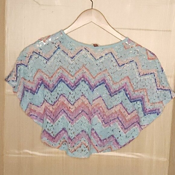 Lei Girls Open Knit Teal Chevron Lightweight Poncho 10-12 - Picture 2 of 5